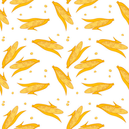 Maize Seamless pattern. Vector Vegetable background. Hand drawn doodle Corn cobs and corn grainsのイラスト素材