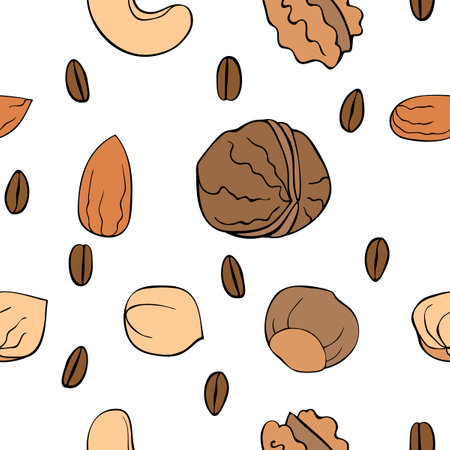 Nut seamless pattern with line icons. Vector background of dry nuts and seeds - almond, cashew, hazelnut, walnut, . Food background.のイラスト素材