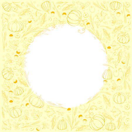 Vector frame of autumn symbols: pumpkins, wheat ears, Corn cobs, berries, mushrooms in flat doodle style. Yellow background on theme of happy fall, Thanksgiving, harvestingのイラスト素材