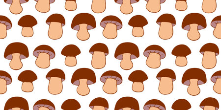 Seamless cute autumn pattern with mushrooms isolated in doodle flat style. Forest nature ornament. Vector illustration, kids designのイラスト素材