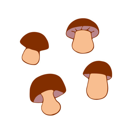 Set of vectors mushrooms in doodle flat style. Hand drawn color illustrations, clipart, design elements isolated. Theme of nature, forest, thanksgivingのイラスト素材