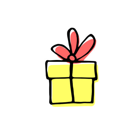 Vector outline hand drawn image of gift box in Doodle flat style. Festive design element for Christmas, Valentines day, birthday, new year, other holidayのイラスト素材