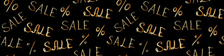 Vector seamless pattern with inscription Sale and percent signs. Hand drawn background and texture on theme of Black Friday, discounts, promo, commercial and special offers. Handwritten backdrop.のイラスト素材