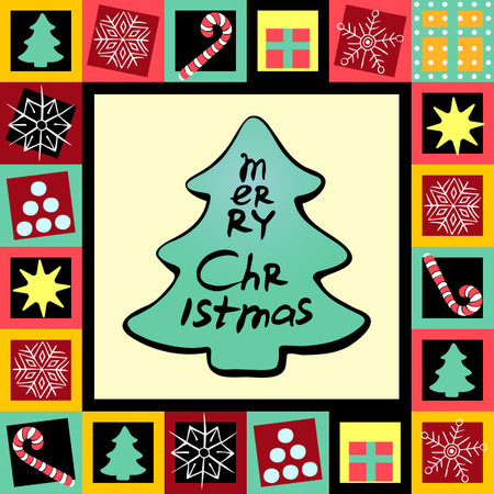 Christmas tree in modern minimalist geometric style. Winter template, poster, card. Colorful illustration in flat cartoon style. Xmas tree with simple holidays simbols, abstract vectorのイラスト素材