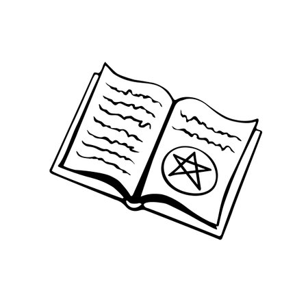 Magic spell book in doodle style. Witch open book with esoteric magical symbols. Vector illustration.のイラスト素材