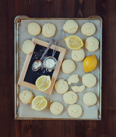 Lemon cookies in pan, biscuit Shortbread, vintage toningの写真素材