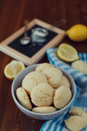 Lemon cookies in plate, biscuit Shortbread, vintage toningの写真素材