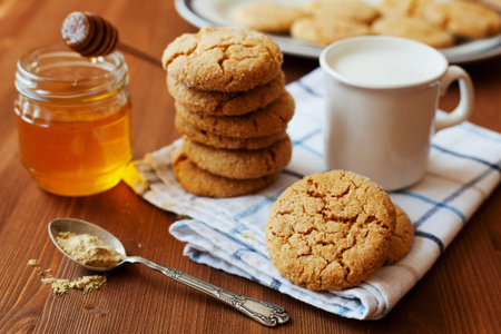 Honey ginger cookies on a rustic background, selective focus
