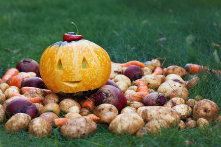 halloween funny pumpkin with autumn harvest potatoes, carrots, beetsの写真素材