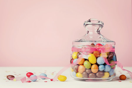 Colorful candy jar decorated with bow ribbon against pink background, gifts for Birthday or Easter