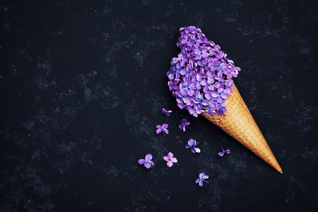 Ice cream of lilac flowers in waffle cone on black background from above, beautiful floral arrangement, vintage color, flat lay stylingの写真素材