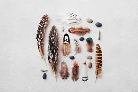 Feather pattern with pebble on gray stone background top view in flat lay style for boho theme.の写真素材