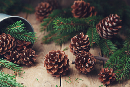 Forest composition with pine cones and fir tree branch on rustic wooden table. Christmas card.の写真素材