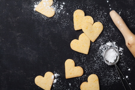 Cookies in shape of heart for Valentines day. Sweet baking. Top view.の写真素材