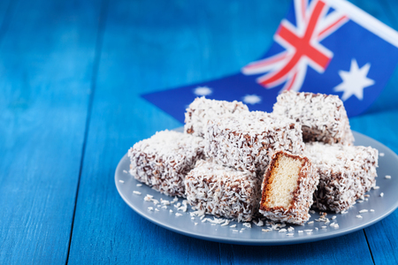 Traditional Lamington cakes or dessert for Australia Day party.の写真素材