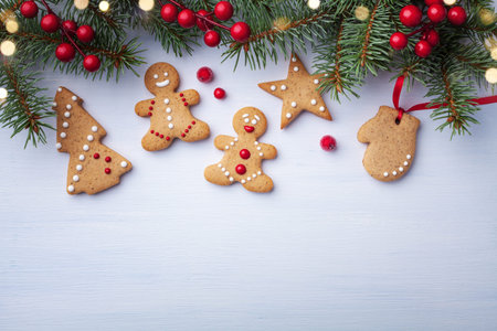 Christmas gingerbread cookies and fir tree on white background top view. Homemade sweet pastries for...
