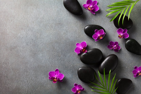 Spa composition with flowers, green leaves and massage stone on gray background top view. Beauty...