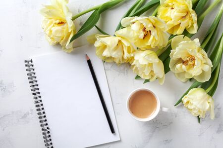 Morning coffee, clean notebook and beautiful bunch of tulip flowers on white stone table top view. Flat lay.の写真素材