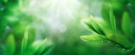 Fresh green leaves against blurred greenery natural background. Young plant with raindrops for...