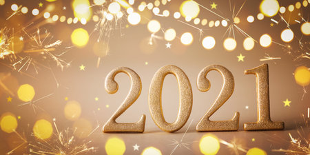 Happy New Year celebration background with golden numbers 2021 and Christmas decorations from lights...