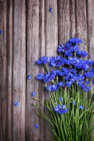 Blue cornflowers on rustic wooden board top view.の写真素材