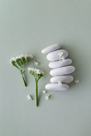 Stones stack and white flowers on green background. Card for meditation, spa, tranquil concept. Top...