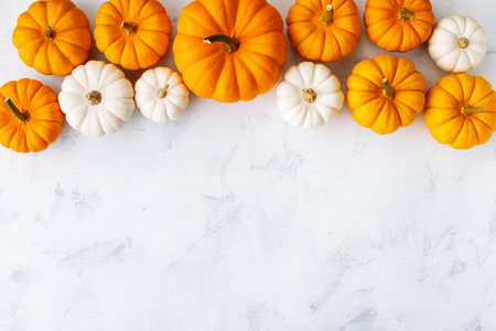 Autumn Thanksgiving background. White and orange pumpkins on stone table top view.