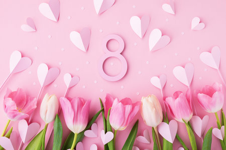 8 March greeting card with bouquet of spring tulip flowers and paper hearts on pastel pink table top...
