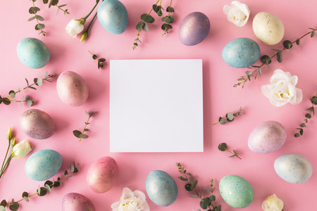 Easter background with easter eggs and flowers on pink table top view. White card for greeting and invitation. Flat lay.の写真素材