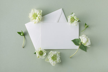 Greeting card trendy mockup or invitation template with empty blank paper sheet decorated fresh...
