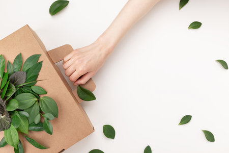 Eco cardboard box from natural recyclable materials with green leaves in woman hand top view. Eco friendly cardbox packaging, zero waste with plastic free and nature protection concept with blank space for text.の写真素材