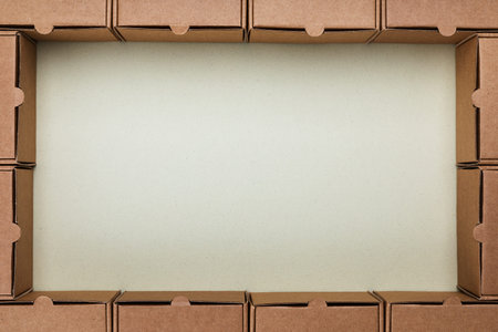 Cardboard boxes from craft paper top view. Eco delivery, zero waste, plastic free package concept.の写真素材
