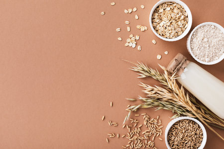 Oat products from flakes, milk, flour and whole grains top view. Healthy food, vegetarian diet concept.の写真素材