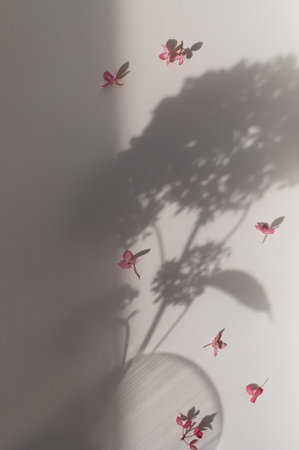 Neutral floral composition with hydrangea flowers reflection in vase . Flat lay, top view and aesthetic shadow sunlight.の写真素材