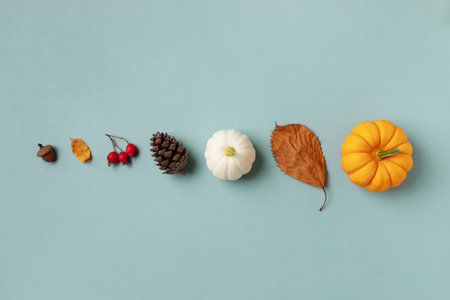 Autumn holiday minimal background from pumpkins, colorful dried leaves and fall decorations. Happy thanksgiving day, autumn harvest and halloween concept.の写真素材