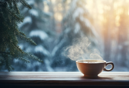 Cozy winter still life with cup of coffee on wooden table against snowy forest background. Mockup for hot beverage.の素材