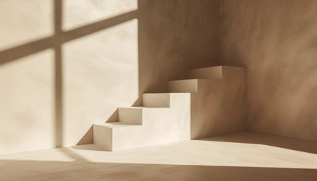 Modern abstract background from stairs with geometry sunlight and shadows. Architecture and product presentation aesthetic template.の素材