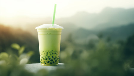 Green matcha bubble tea with ice cubes in cup against tea plantations. Antioxidant and dietary vegan cocktail for healthy breakfast or snack.の素材