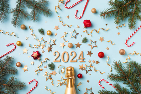 Christmas and New Year composition with golden champagne bottle, 2024 numbers, fir tree, party streamers, confetti stars and holiday decorations top view. Flat lay style.の写真素材