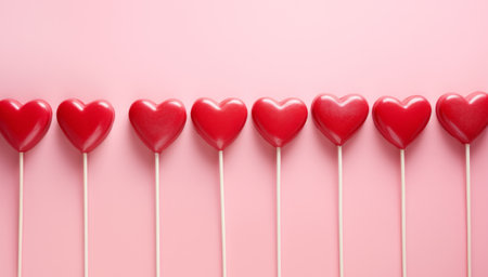 Valentine day concept with red lollipop hearts on pastel pink background top view. Flat lay greeting card.の素材