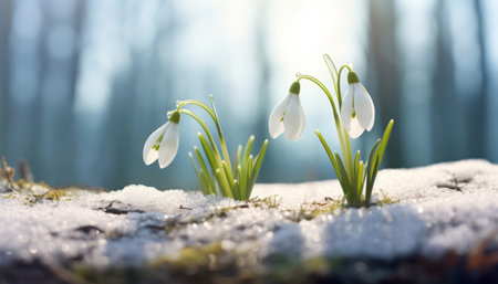 Snowdrop flowers growing in snowdrift in early spring. Beautiful springtime nature background.の素材