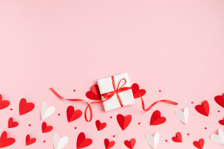 Gift or present box for Saint Valentine or Mother day decorated with paper red hearts top view. Flat lay festive greeting card.の写真素材