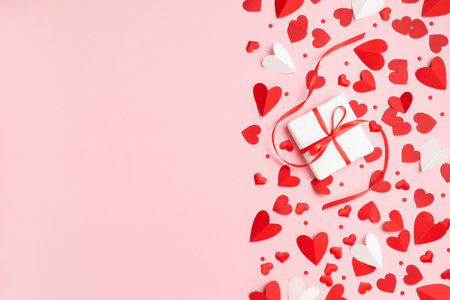 Valentine or Mother day festive border composition with gift or present box and many red hearts on pastel pink background top view. Flat lay greeting card.の写真素材