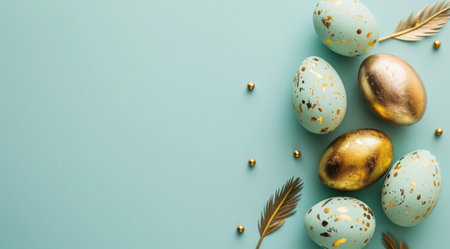 Festive easter background with painted golden decoration on easter eggs on beautiful turquoise table. Top view and fashion flat lay style.の素材