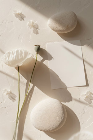 Minimal aesthetic and boho mockup with empty paper blank, pebbles, and flowers on beige shadows background. Trendy invitation, branding and greeting card neutral template.の素材