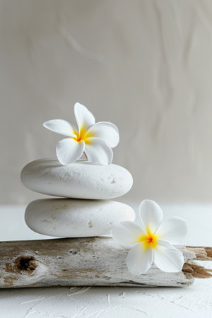Modern composition of balanced stones and flowers for spa salon or meditation background.の素材