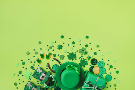Saint Patrick Day background with green decoration from shamrocks, leprechaun hat, golden coins and gifts top view.の写真素材