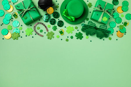 Patrick Day festive green background decorated with shamrocks, leprechaun hat, golden coins and...