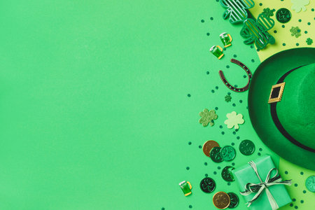Patrick Day festive green background decorated with shamrocks, leprechaun hat, golden coins and gifts top view.の写真素材