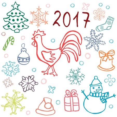christmas and new year icon set,  icons with red rooster a symbol of 2017 new year, vector eps 8のイラスト素材
